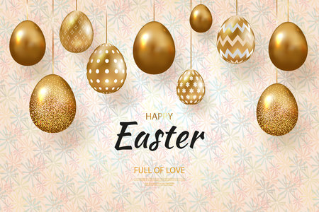Composition of Easter eggs. Festive background On a light background golden Easter eggs with geometric patterns. Template for posters and posters for the sale of banners. Happy Easter day. vector.のイラスト素材