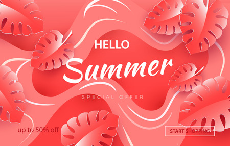 Tropical paper palm, monstera leaves frame. Summer tropical leaf. Origami exotic hawaiian jungle, summertime background. Paper cut style.Coral backgroundのイラスト素材