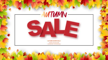 Banner for the autumn sale in the frame of colorful autumn leaves. Place for your text. Vector illustration.のイラスト素材