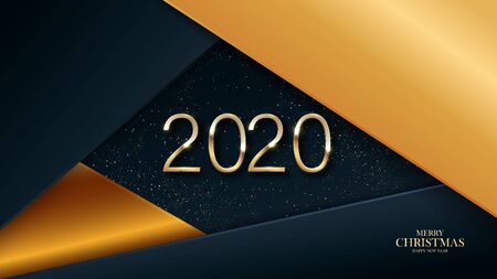 Happy new year 2020. Gold numbers on a black background, textured with shimmering glitter. Festive event banner with hartphone elements. Modern design for poster, flyer, cover .Vectorのイラスト素材