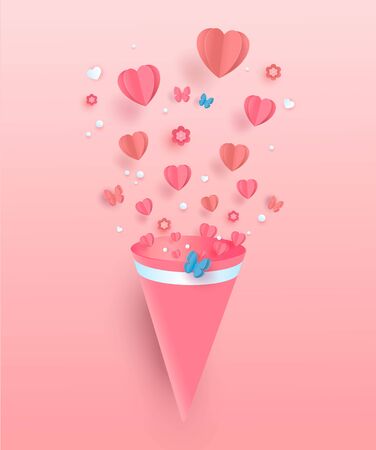 Paper flying elements on a pink background. Vector heart shaped love symbols for Happy Women, Mother s, Valentine s Day. Vectorのイラスト素材