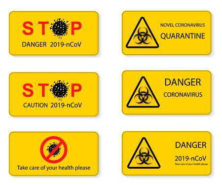Set of warning stop signs with virus inside, stop symbol with coronavirus, prohibition sign with covid 19, Stop Virus logo, red and black isolated symbol of stopping coronavirus, stopping flu. Vector illustrationのイラスト素材