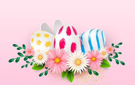 Easter card with realistic 3d eggs on a light background. Vector illustration Place for your text. Decorated eggs with small floral and geometric patterns. Spring flowers. Vectorのイラスト素材