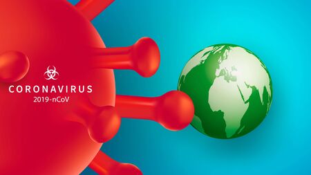 New Coronavirus 2019-nKoV. The covert virus 19-NKP. Background with realistic 3d red viral cells. Symbol of danger. Latest news. Vectorのイラスト素材