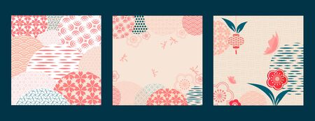 Floral frame. Japanese pattern. Floral celebration in Chinese graphics style. Invitation card with geometric symbols. Asian background. Retro style.のイラスト素材