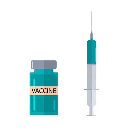 Plastic medical syringe icon with needle and vial in flat style, concept of vaccination, injection. Coronavirus vaccine. Isolated on white background .Vector illustration.のイラスト素材