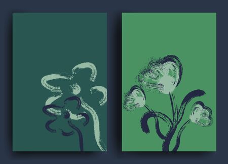 Collection of creative universal art postcards. Hand drawn texture. Trendy graphic design for banner, poster, card, cover, invitation, brochure, flyer. Brush stroke imitation .Vector illustrationのイラスト素材