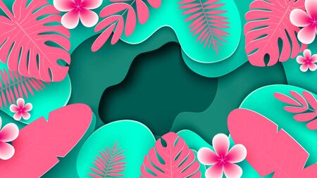 Tropical paper palm, monstera leaves frame. Summer tropical leaf. Origami exotic hawaiian jungle, summertime background. Paper cut style.のイラスト素材