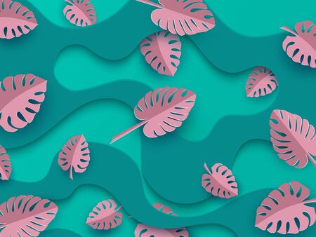 Tropical paper palm, monstera leaves frame. Summer tropical leaf. Origami exotic hawaiian jungle, summertime background. Paper cut style.のイラスト素材
