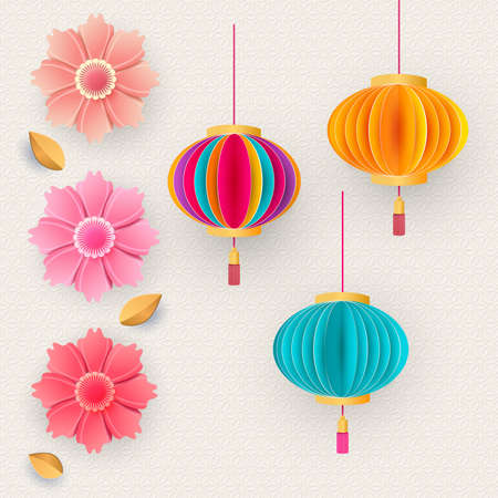 Vector Chinese 3d paper cut badges, clouds and sakura flowers. Bright flowers and lanterns. Paper style. Happy New Year 2021 Vectorのイラスト素材