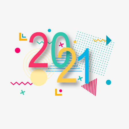 Creative design of a New Year card of 2021 on a modern background. Bright poster in the style of Memphis. Base of geometric elements and color numbers.のイラスト素材