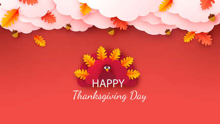 Happy Thanksgiving greeting card, poster, banner, flyer. Autumn background with leaves, acorns, pumpkin and cute cartoon turkey. Vectorのイラスト素材