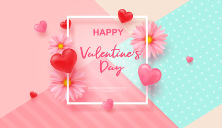 Realistic 3D colorful red and pink romantic Valentine s day hearts background, floating Happy Valentine s Day greetings. Pink Daisies. Be My Valentin.Vectorのイラスト素材