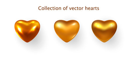 Gold colored Hearts realistic decoration 3d object. Set of Romantic Symbol of Love Heart isolated. Vectorのイラスト素材