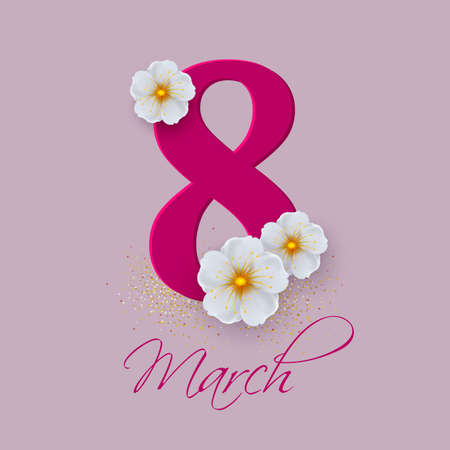 March 8. International Women Day. Vector spring holiday illustration. Paper cutout number eight with...