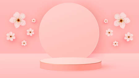 3d render of a box podium with spring flowers. Bright pastel podium or pedestal backgrounds. Vectorのイラスト素材