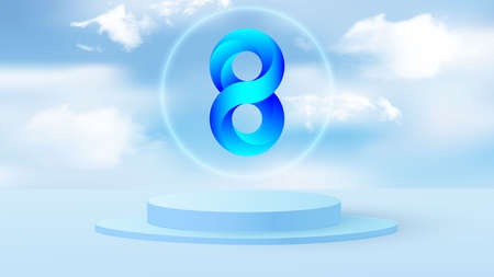 Round podium or baseboard on a minimal stage. Mockup studio for product presentation, branding design. Volumetric number 8 with gradient. Vectorのイラスト素材