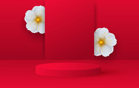 Minimalistic scene with red cylindrical podium and spring flowers. Scene for the demonstration of a cosmetic product, showcase. Vector illustrationのイラスト素材