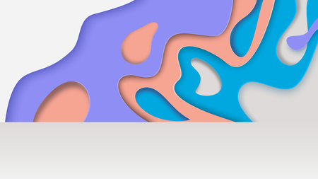 A minimalistic scene set against a colorful paper-cut pattern. Blue cylindrical podium. Stage for product demonstration, showcase. Vector illustrationのイラスト素材