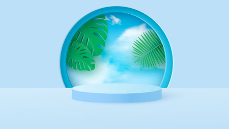 A minimal scene with a light blue cylindrical podium with tropical leaves against the sky. Scene for the demonstration of a cosmetic product, showcase. Vector illustrationのイラスト素材