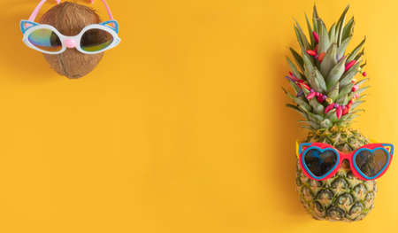 A chic pineapple in sunglasses, decorated with beads along with a coconut. Summer minimal concept....