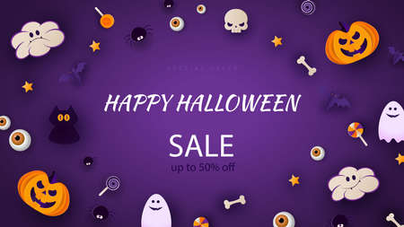 Happy Halloween banner or party invitation background with moon, bats and funny pumpkins in paper cut style. Vector illustration. Purple backgroundのイラスト素材