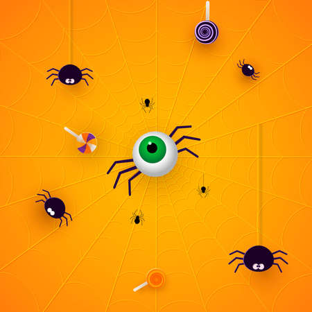 Happy Halloween banner or party invitation orange background with spiders and sweets in paper cut style. Vector illustration. Place for textのイラスト素材