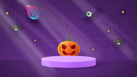 Happy Halloween banner or party invitation background with ghost and funny pumpkins i Vector illustration.のイラスト素材
