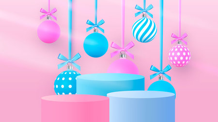 Christmas scene on a pink background with hanging Christmas balls. Cylindrical podium for product presentation.Vector illustrationのイラスト素材