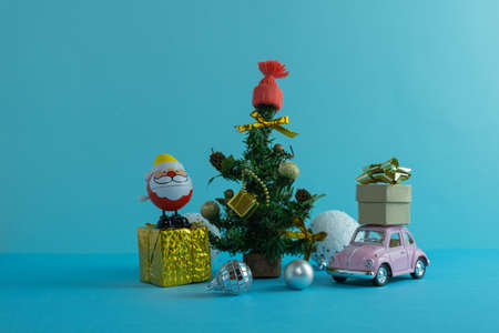 New Year card with Santa, gifts and car. New Year concept. Merry Christmas.
