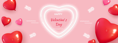 Happy Valentine s Day Romantic creative banner, horizontal header for website. Background Realistic 3d festive decorative balloons in the shape of heart, XO symbol, flowers. Vectorのイラスト素材