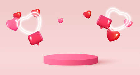 Minimalistic stage with pink cylindrical podium, heart frame and balloons. Scene for the demonstration of a cosmetic product, showcase. Vector illustrationのイラスト素材