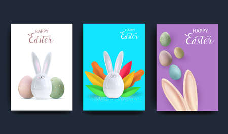 Easter set of greeting cards, holiday covers, posters, flyers in realistic 3d style with easter eggs and ceramic bunny. Vectorのイラスト素材