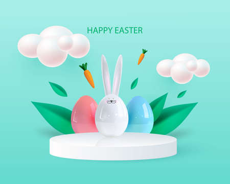 Happy Easter holiday background. Festive design with realistic 3D bunny and decorative elements. Spring leaves and eggs. Flying carrot. Banner, web poster, flyer cover, stylish brochure, greeting card.Vectorのイラスト素材