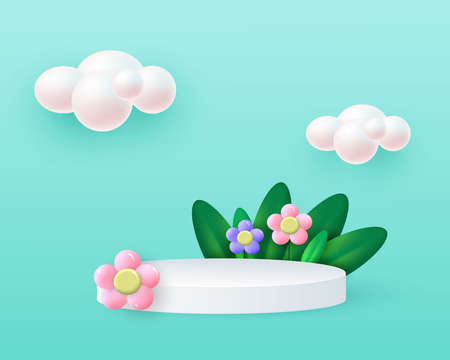 Minimal stage with light cylindrical podium. Spring composition with ceramic flowers, grass and clouds. Stage for product demonstration, showcase. Vectorのイラスト素材