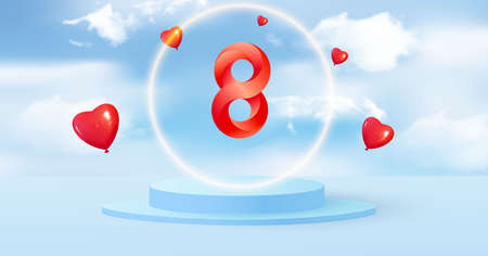 Round podium or plinth on a minimal stage. Mockup studio for product presentation, branding. Volumetric red number 8 in the sky. Balloons in the shape of a heart. Vectorのイラスト素材