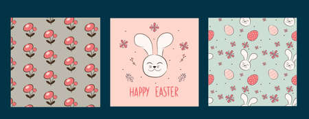 Happy Easter banner. Trendy Easter design with typography, hand drawn strokes and eggs, bunny ears, chick in pastel colors. Patterns with flowers and a hare. Vectorのイラスト素材