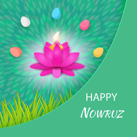 Postcard with Novruz holiday. Novruz Bayram background template. Lotus flower, candle fire, painted eggs and wheat germ. Vectorのイラスト素材