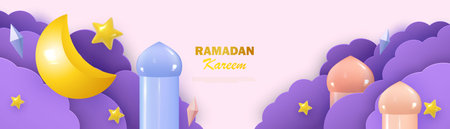 Ramadan Kareem horizontal banner, template header for website. Realistic 3d design. The traditional religious symbol is the crescent moon, arabesques in the clouds. Vectorのイラスト素材