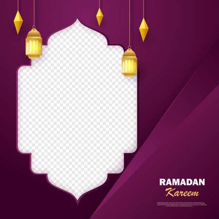 Ramadan Kareem, islamic arabic burgundy luxury background with geometric pattern and empty photo space. Golden lanterns and arabesques. Template Vector illustrationのイラスト素材