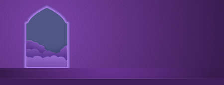 3d purple fashion product display background for muslim holiday. Round podium with Islamic door...