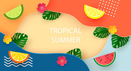 tropical summer. Horizontal banner with tropical leaves, plants, trendy flower patches and lemon and...