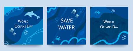 World oceans day poster set with blue background, liquid shapes and ocean elements. Layouts for...