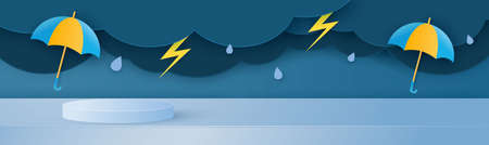 Podium for displaying products in the rainy season. Design with clouds and raindrops on a blue sky background. paper cut style. vector illustration.のイラスト素材