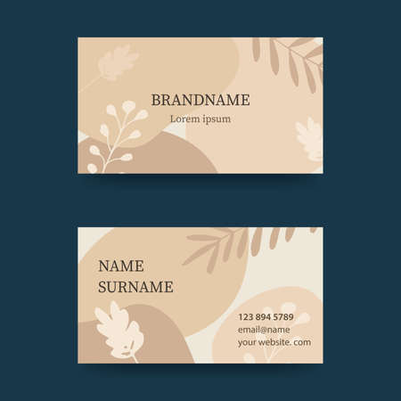 Business card design in soft pastel colors. Modern concept with liquid, drops, brush, flowers, leaves, lines. Shades of champagne. vector illustrationのイラスト素材