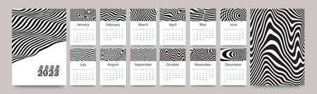 Calendar template for 2023. Vertical design with black and white lines. Editable page template with A4 illustrations, set of 12 months with covers. vector illustration.のイラスト素材