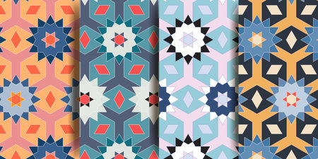 Arabic seamless pattern in multicolor palette. Oriental decor. Arabic Muslim ethnic style. Ramadan wallpaper design. Moroccan style. vector illustration.のイラスト素材