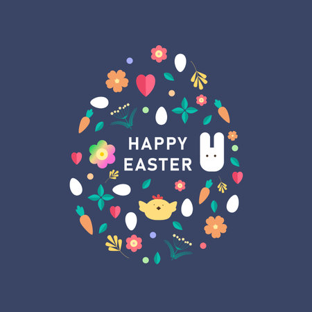 Happy easter Ornament in the form of an egg, spring symbols, eggs, rabbit, flowers. Abstract patterns, geometric patterns for the holiday of Easter. vector illustrationのイラスト素材