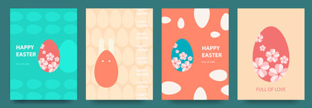 Happy easter Set of vector easter cards with easter eggs, bunny, patterns. Modern geometric abstract style.Vector illustrationのイラスト素材