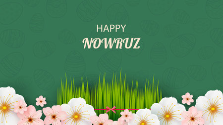 Postcard with Novruz holiday. Novruz Bayram background template. Spring flowers, painted eggs and wheat germ. Festive banner. Vectorのイラスト素材